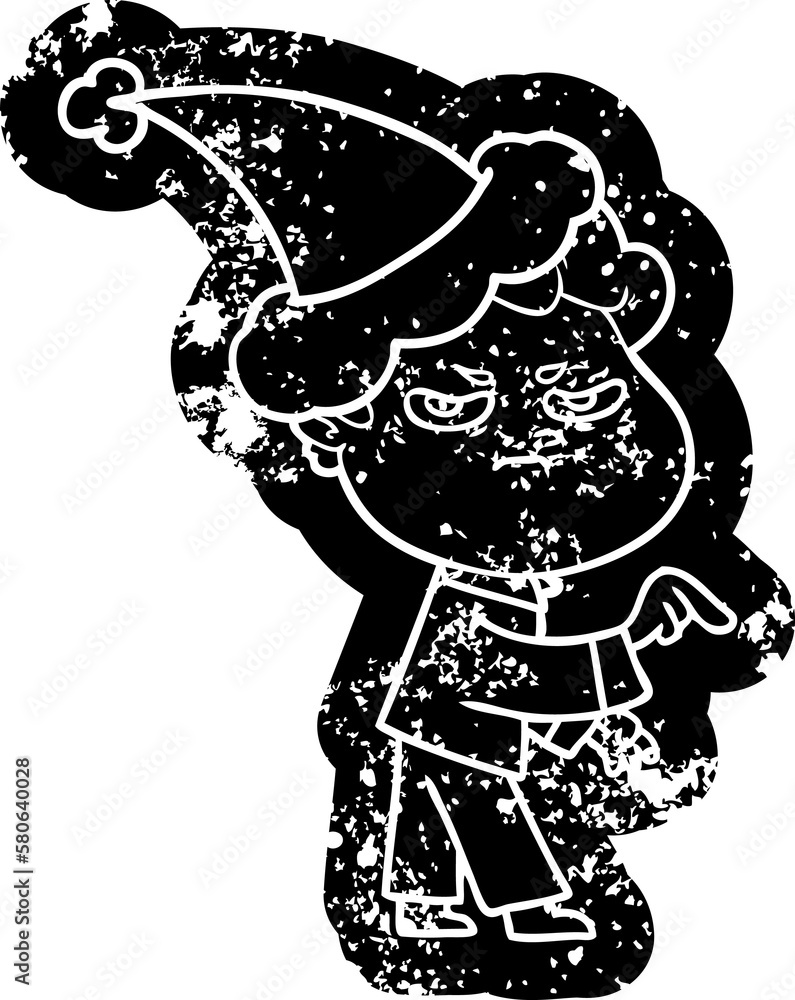 cartoon distressed icon of a angry man wearing santa hat cartoon distressed icon of a angry man wearing santa hat