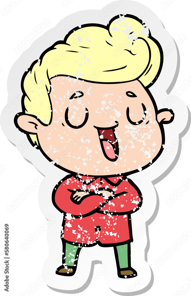 distressed sticker of a happy cartoon man distressed sticker of a happy cartoon man
