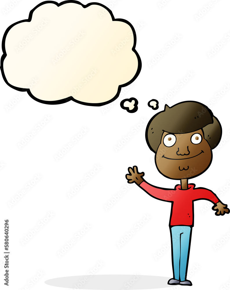 cartoon happy man waving with thought bubble cartoon happy man waving with thought bubble