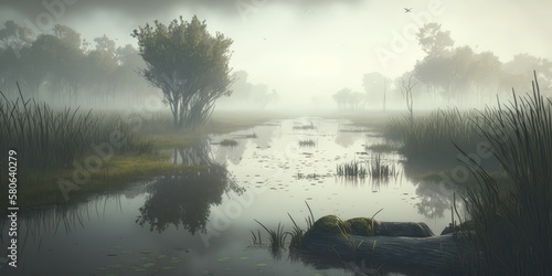 Swamp Mist Low Angle Photography Brings Surreal Fog Atmosphere. Generative ai illustration.