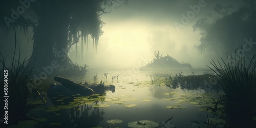Swamp Mist Low Angle Photography Brings Surreal Fog Atmosphere. Generative ai illustration.