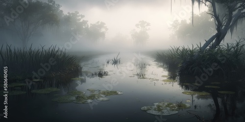 Swamp Mist Low Angle Photography Brings Surreal Fog Atmosphere. Generative ai illustration.