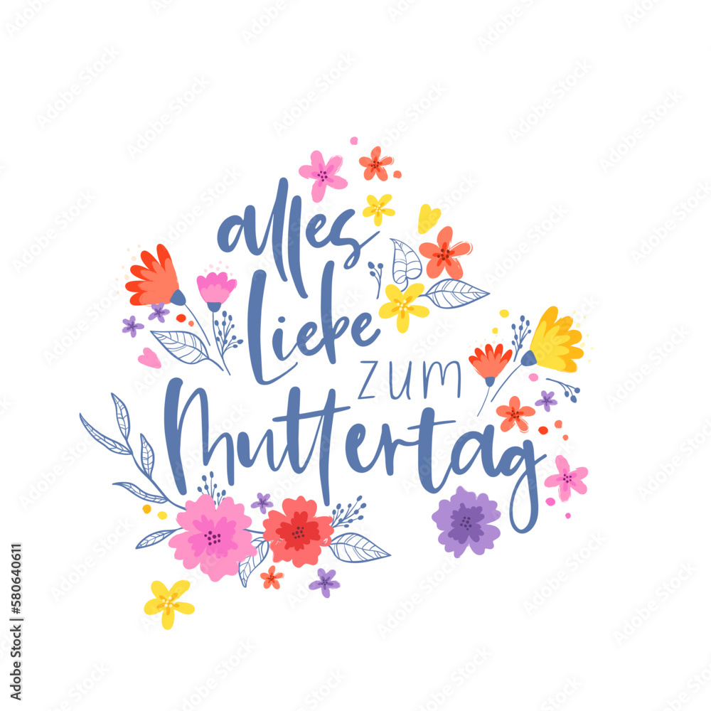 Lovely hand drawn floral wreath, doodle flowers and text in German 