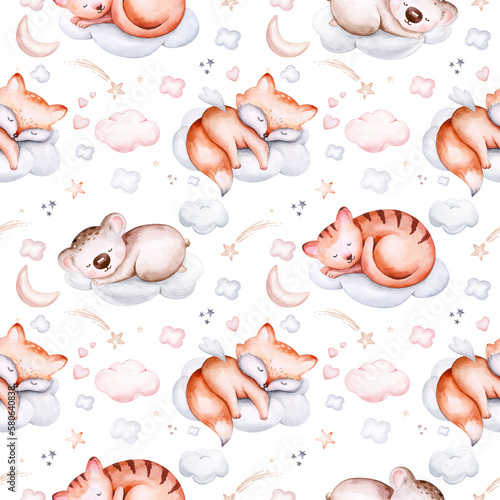 Watercolor pattern for children with sleeping cat, koala and fox. print for baby fabric, poster pink with beige and blue clouds, moon, sun. Nursery kitty print illustration textile