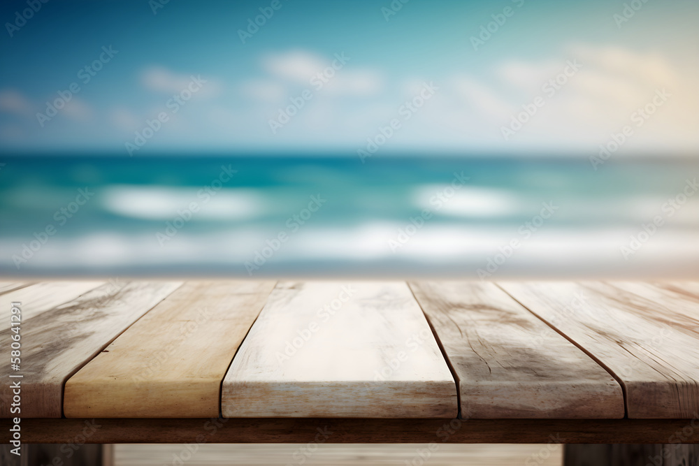Seaside Showcase: Display Your Products on a Wooden Table with a Beautiful Beach Backdrop, Complete with Display Stand and Nature Concept. Generative AI Seaside Showcase: Display Your Products on a Wooden Table with a Beautiful Beach Backdrop, Complete with Display Stand and Nature Concept. Generative AI