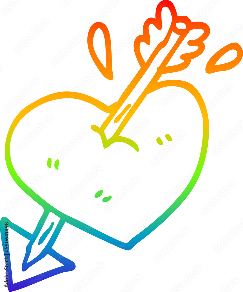 rainbow gradient line drawing cartoon heart shot through with arrow