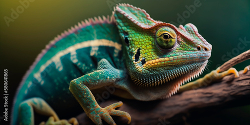 Green chameleon with textured skin close-up  blurred tropical background. Multi-colored skin of a chameleon in nature. Generative AI.