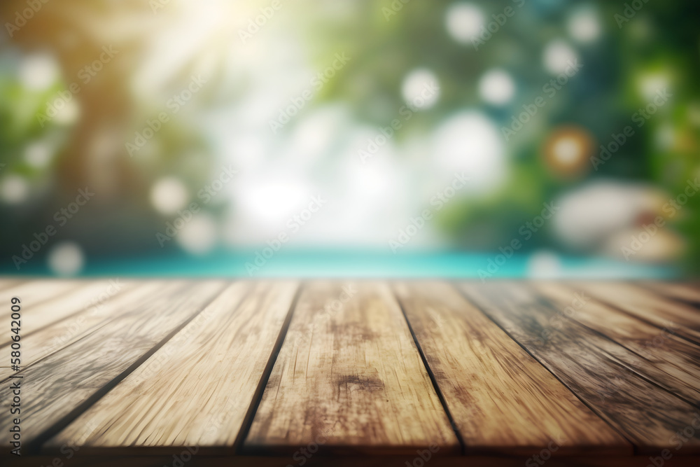 Nature's Display: Showcase Your Products on a Wooden Table Against a Serene Swimming Pool Backdrop. Generative AI Nature's Display: Showcase Your Products on a Wooden Table Against a Serene Swimming Pool Backdrop. Generative AI
