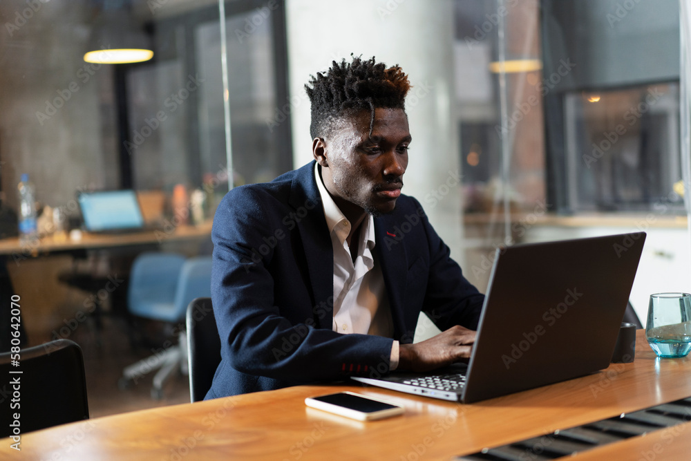 Portrait of successful businessman in office. Young smiling man using the laptop. Portrait of successful businessman in office. Young smiling man using the laptop.