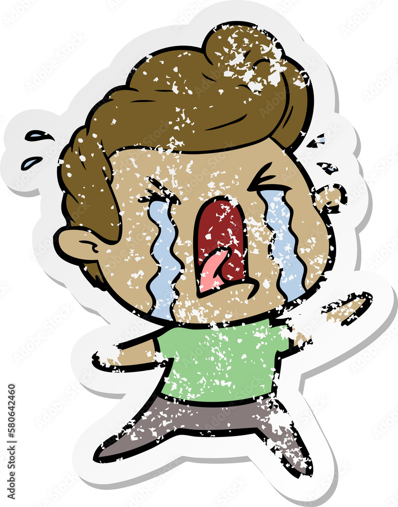 distressed sticker of a cartoon crying man distressed sticker of a cartoon crying man