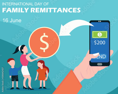 illustration vector graphic of hand holding mobile phone for money transfer, showing family receiving coins, perfect for international day, family remittances, celebrate, greeting card, etc.