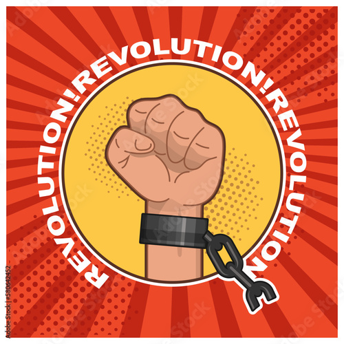 A clenched fist with torn shackles against the backdrop of divergent sunbeams. Round emblem of struggle and resistance with inscriptions in a circle - Revolution. Vector illustration