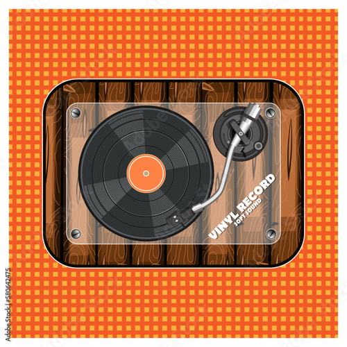 A turntable in a wooden designer case on a table with a checkered tablecloth. Vector illustration