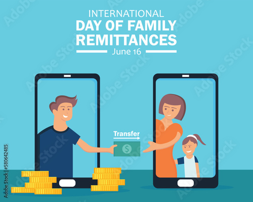 illustration vector graphic of a husband transfers money to his family via smartphone, perfect for international day, family remittances, celebrate, greeting card, etc.