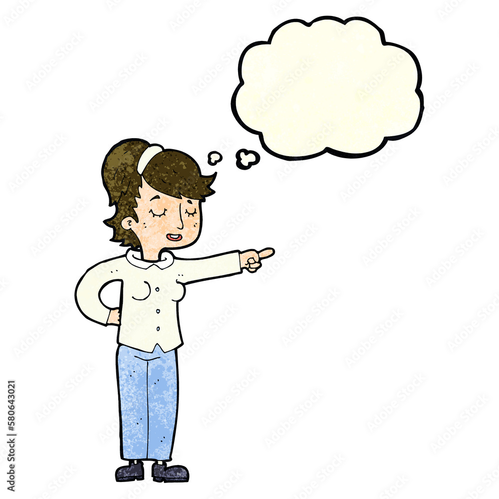cartoon friendly woman pointing with thought bubble cartoon friendly woman pointing with thought bubble