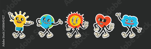 Save the planet stickers in trendy retro cartoon style. Set of Earth Day posters. Postcards for World Environment Day. Funny vector illustrations of planet Earth, sun and eco stickers