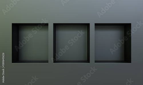 Three empty niches or shelf on black wall 3D mockup. Shop, gallery plastic or wooden showcase to present product. Blank retail storage space. Interior design furniture. Living room bookshelf