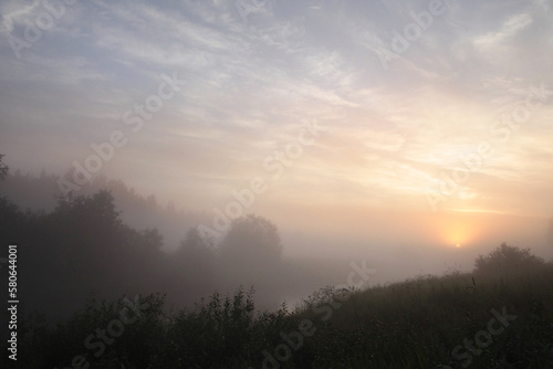 Morning rural landscape with fog. © ksi