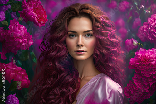 young woman standing in flower garden among pink flowers, long hair created with Generative AI technology