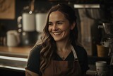 Cheerful young woman barista at work. Generative AI