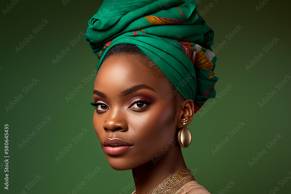 Beautiful young woman wearing traditional African head wrap on green ...