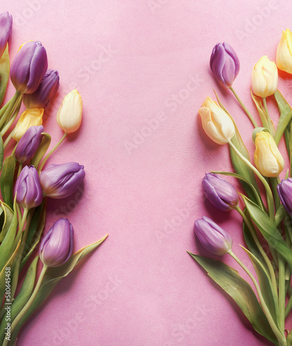 Beautiful floral springtime frame with purple and yellow tulip flowers bunch at pink background, top view #580645458