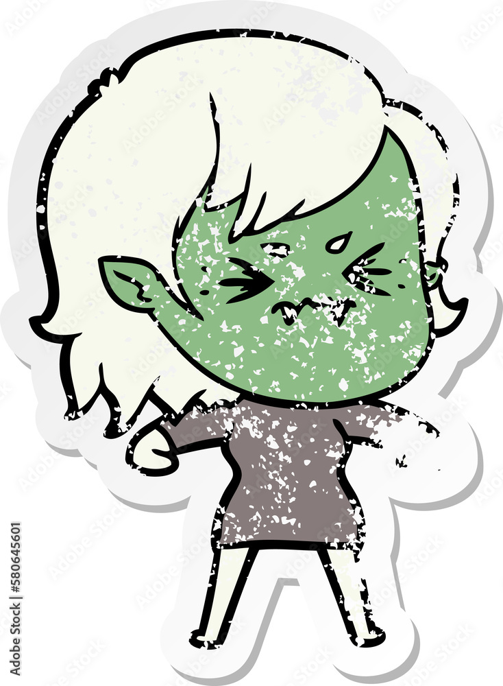 distressed sticker of a annoyed cartoon vampire girl distressed sticker of a annoyed cartoon vampire girl