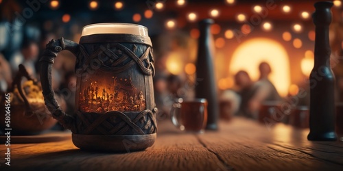 Mug of beer with a blurried background. Tavern scene style. Tavern mood, Generative AI, Ia generativa photo