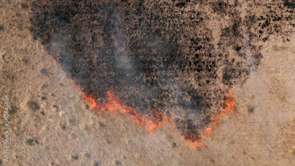 Static drone shot above fire spreading rapidly through savannah hay - birds eye aerial view Static drone shot above fire spreading rapidly through savannah hay - birds eye aerial view