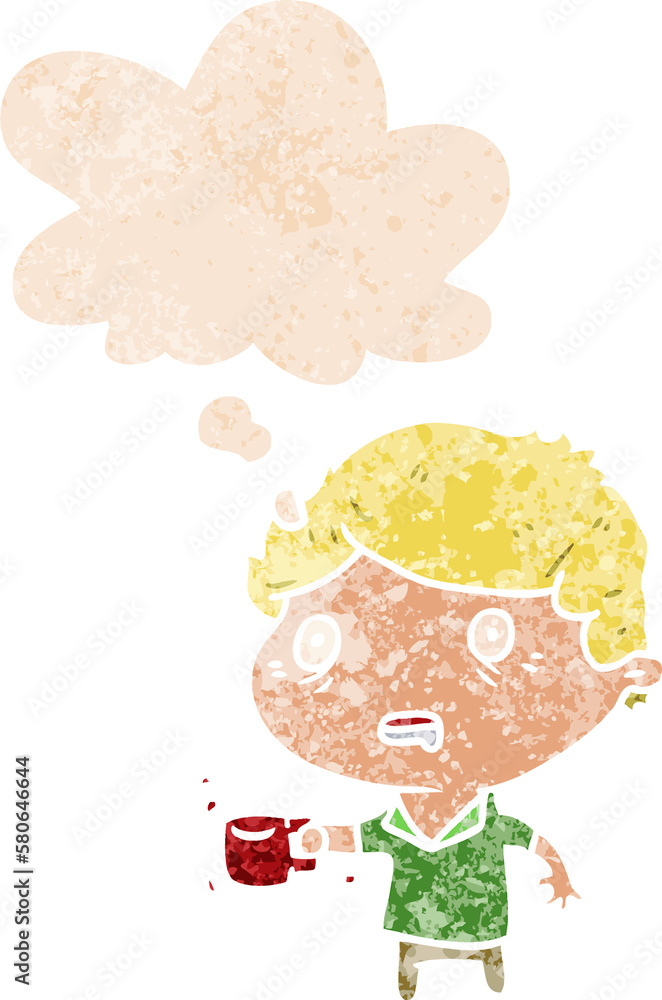 cartoon man with cup of coffee and thought bubble in retro textured style