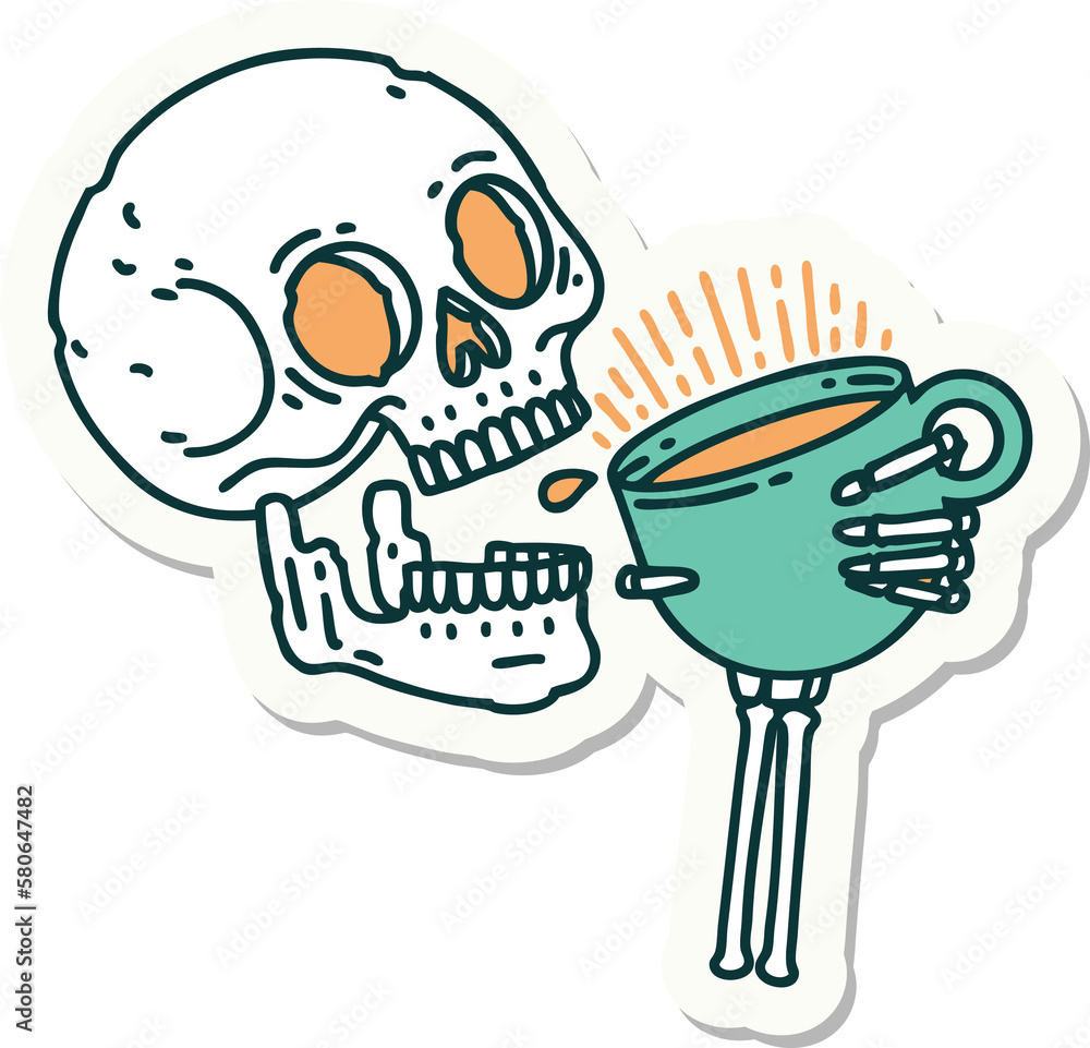 tattoo style sticker of a skull drinking coffee tattoo style sticker of a skull drinking coffee