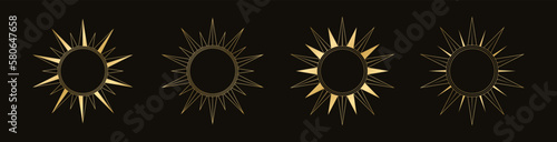Gold celestial sun frames vector illustration set. Bohemian mystic symbol. Magic talisman, tribal style, boho, tattoo, art print, tarot