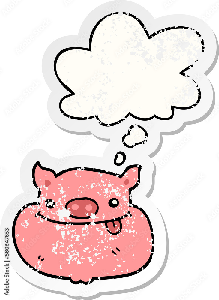 cartoon happy pig face and thought bubble as a distressed worn sticker cartoon happy pig face and thought bubble as a distressed worn sticker