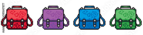 Pixel art 8-bit.Pixel art schoolbag icon. Vector design for web design, mobile app, stickers and games.Dotted pop art illustration.Creative Vision Logotype concept. 