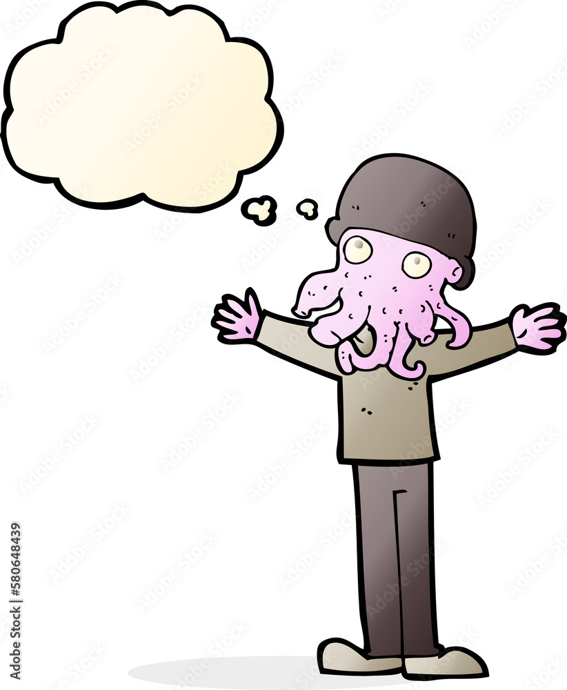 cartoon alien squid face man with thought bubble cartoon alien squid face man with thought bubble