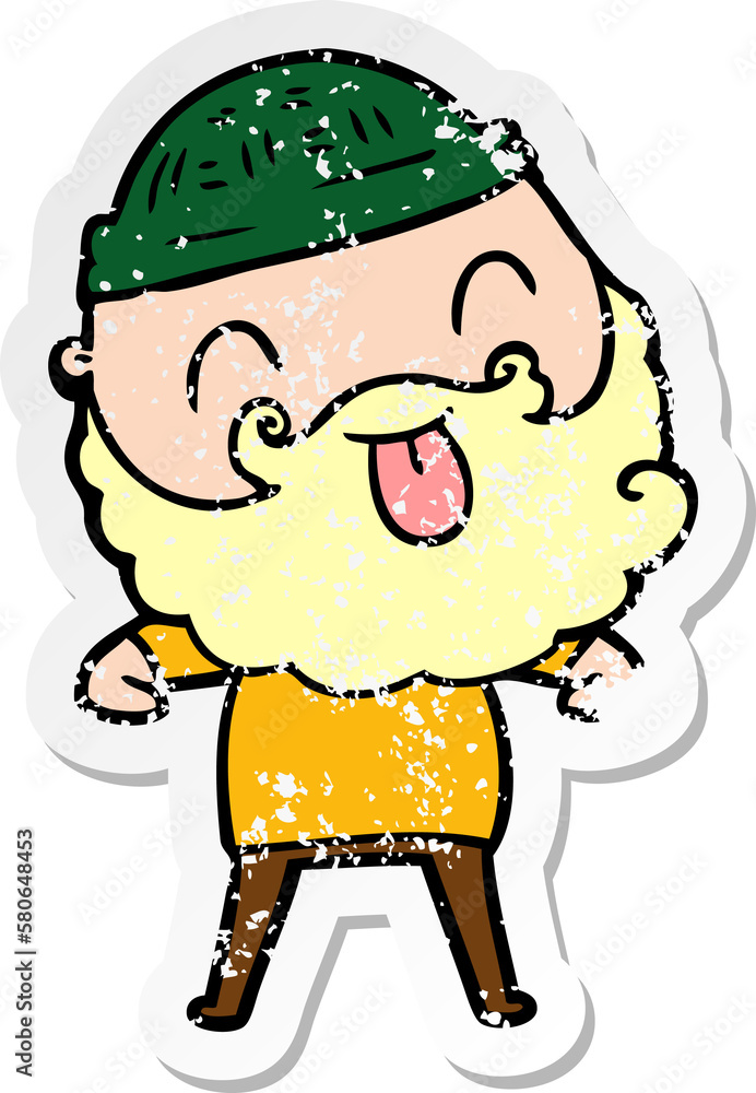 Fototapeta premium distressed sticker of a man with beard sticking out tongue