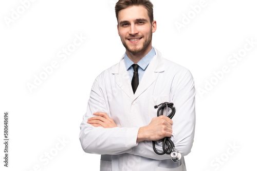 Smiling medical worker in white coat isolated on transparent