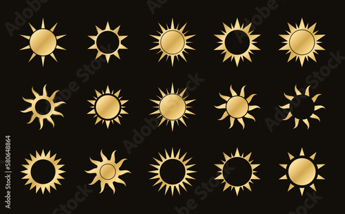 Golden boho celestial sun icon logo set. Simple modern abstract design for templates, prints, web, social media posts
