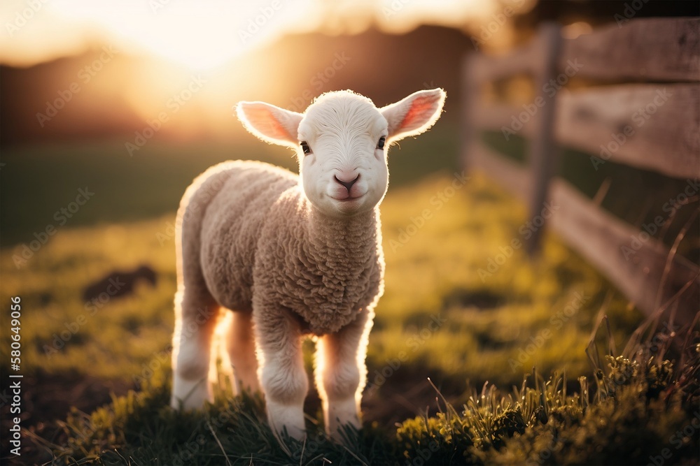 Obraz premium Cute little lamb on a meadow during summer sunrise. Generative ai