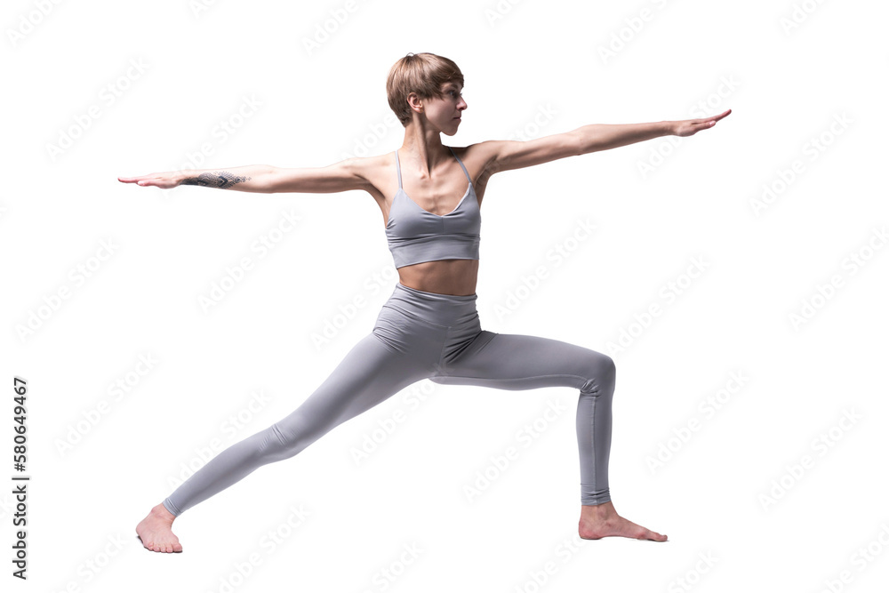Young attractive Woman practicing home yoga, working out, wearing sportswear, isolated. Healthy life, keep fit concepts