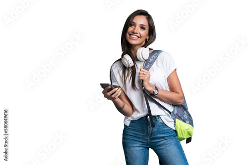Young beautiful woman with smart phone. Smiling student girl going on a travel. Isolated on transparent background