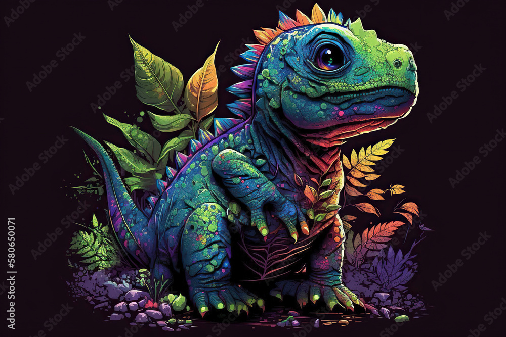 Obraz premium Dinozaur portrait in neon colors. Generative AI.