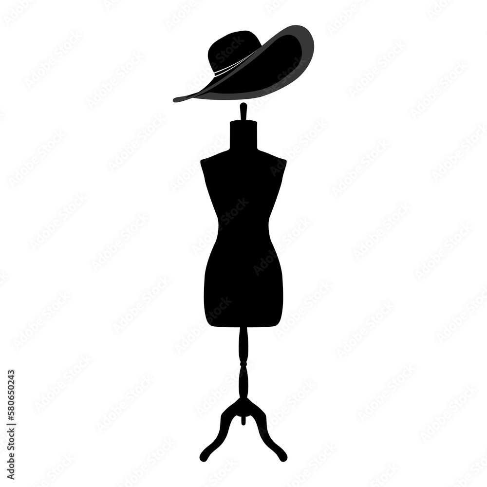 Manekin krawiecki oraz elegancki kapelusz z dużym rondem - czarne kontury na białym tle. Szycie, krawiectwo, projektowanie mody. Kobieca sylwetka, tors. Wektorowa ilustracja. - obrazy, fototapety, plakaty 