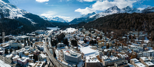 Aerial winter view of the worldwide famous ski resort of St. Moritz, Graubunden, Switzerland photo