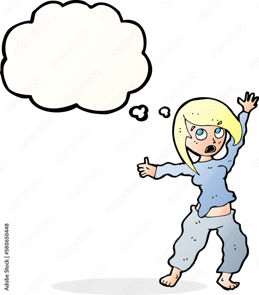 cartoon frightened woman with thought bubble