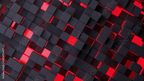 3d rendering abstract background of randomly positioned black and red glowing cubes. Top view