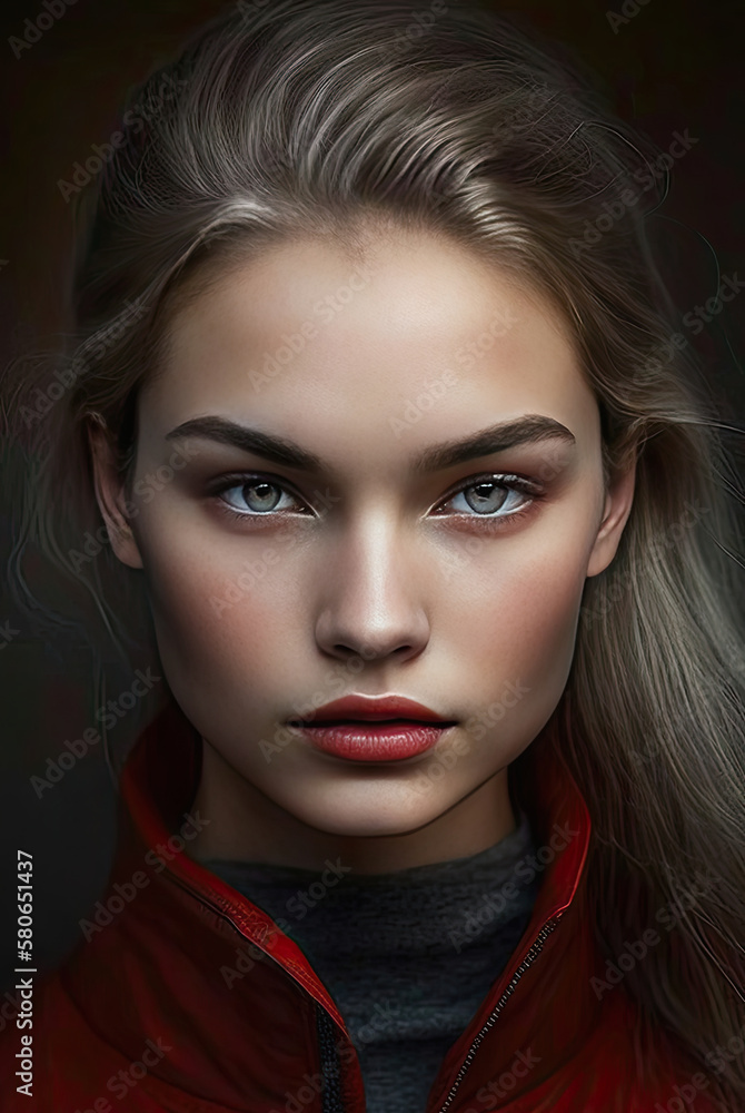 cute young woman with long hair, red full lips and gray eyes, she wears a gray turtleneck sweater and a red leather jacket