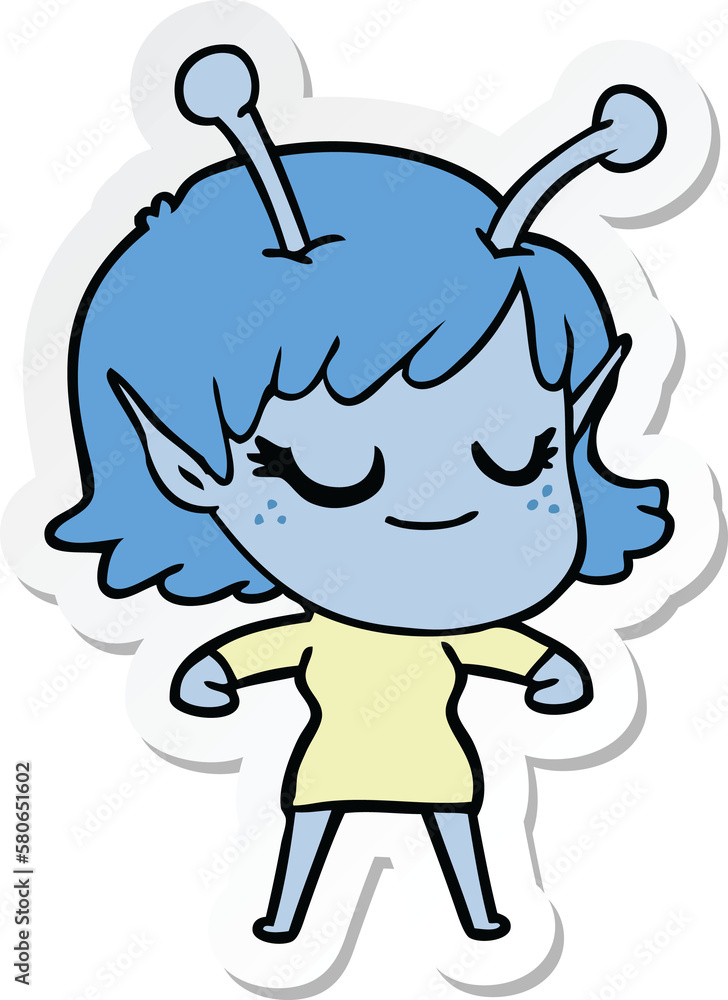 sticker of a smiling alien girl cartoon sticker of a smiling alien girl cartoon