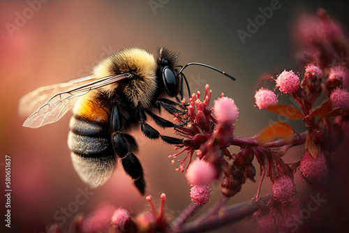 photo of a bee collecting pollen on a pink flower