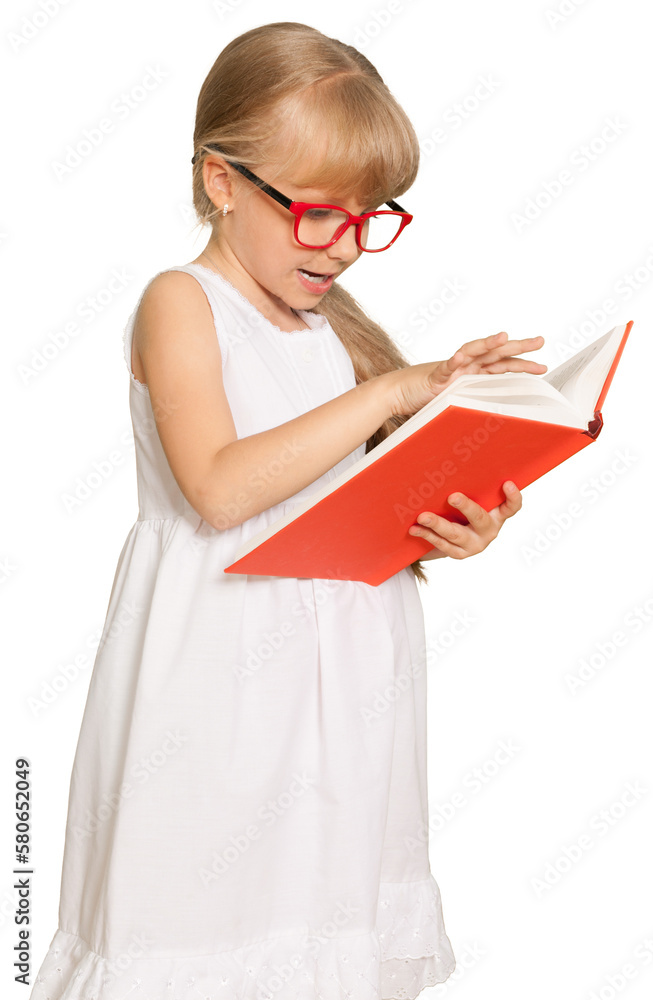 Little Girl Standing with Glasses and Reading Book - Isolated Little Girl Standing with Glasses and Reading Book - Isolated